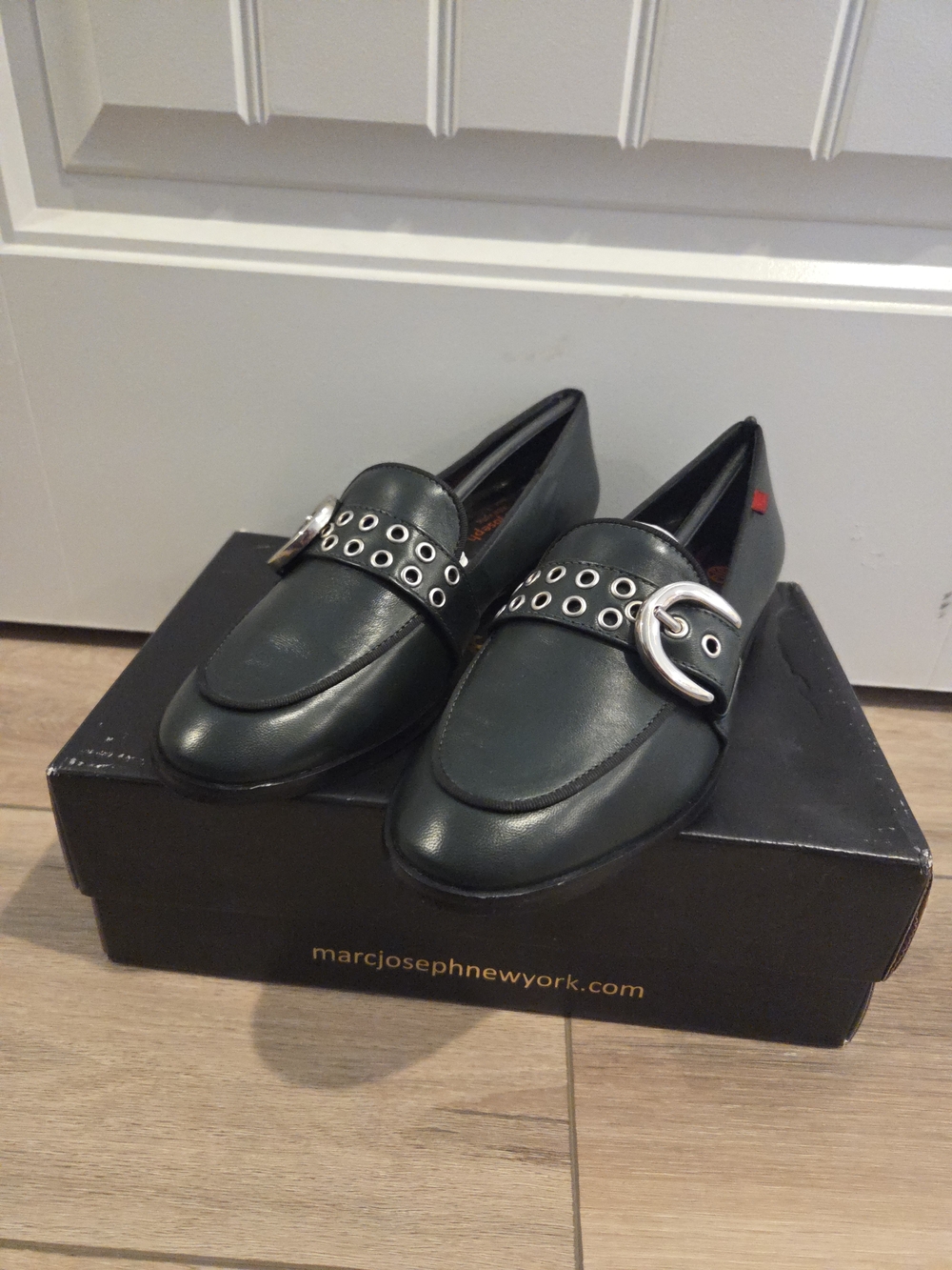 Marc Joseph Black Leather Loafers with Silver Buckle